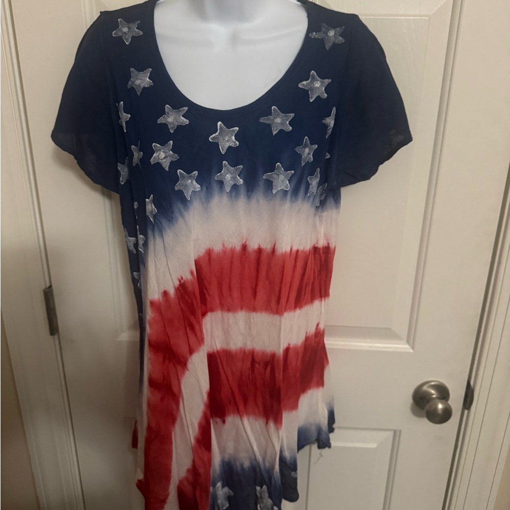 Seven Islands Womens O/S  Tie Dye Tunic Top Red White Blue USA Short Sleeve NWT